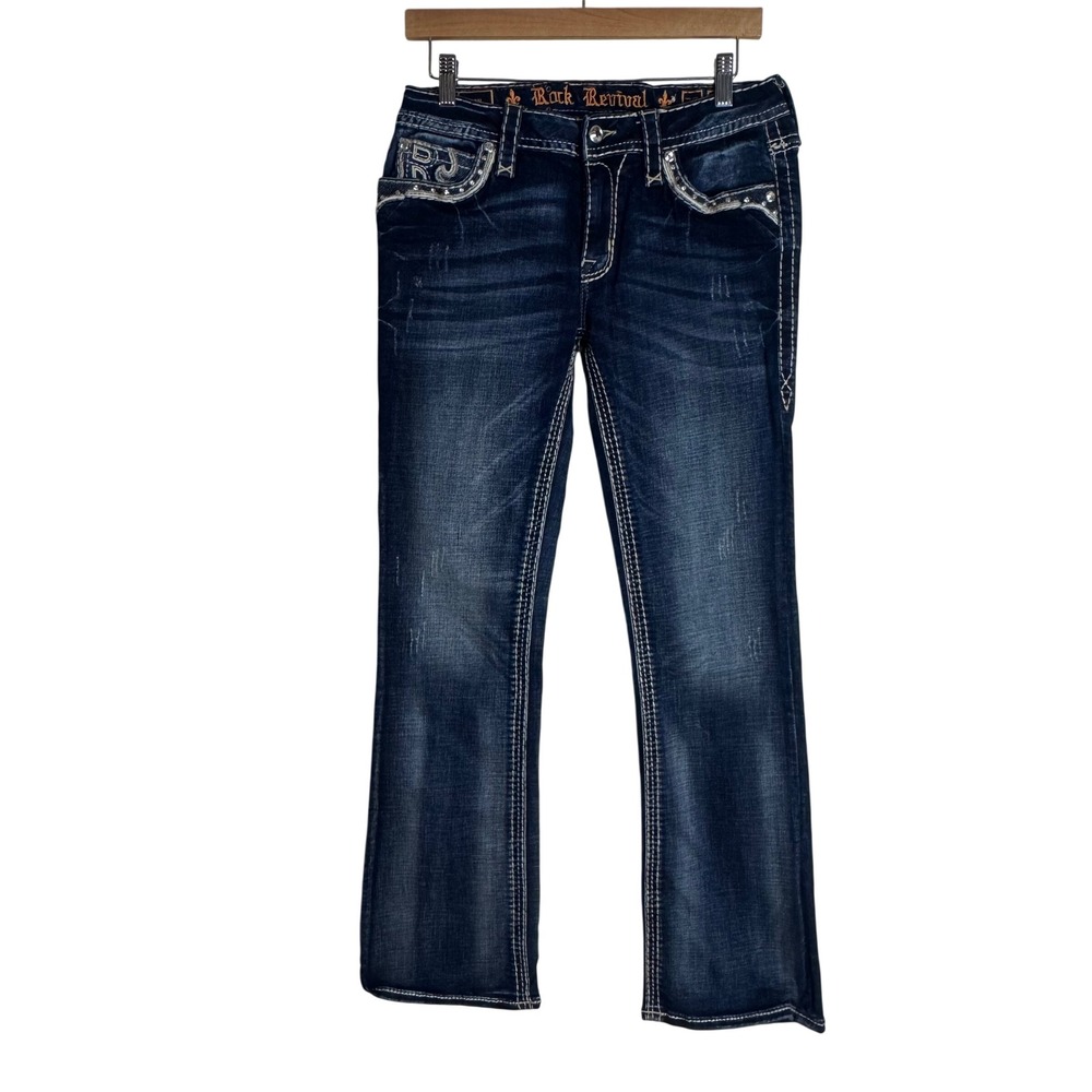 Rock Revival Jeans Women's Ferry Mid-Rise Bootcut Embellished Dark Wash Size 29